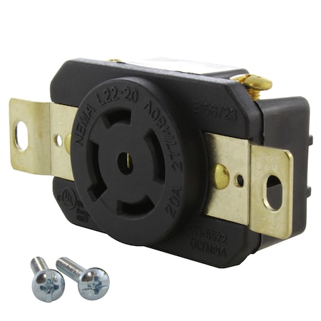 Ac Works Locking Receptacle, L22-20R, 20 A, 277/480V AC, 4 Pole, Flush Mount, Black FML2220R